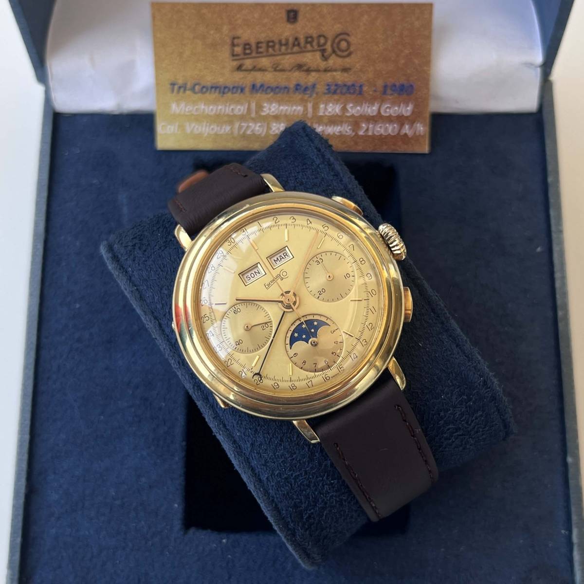 Eberhard 32001 Tricompax Moon Phase Valjoux 88 18K Gold
