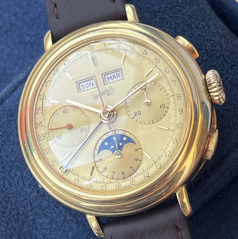 1980 Eberhard 32001 Tricompax Moon Phase Valjoux 88 18K Gold