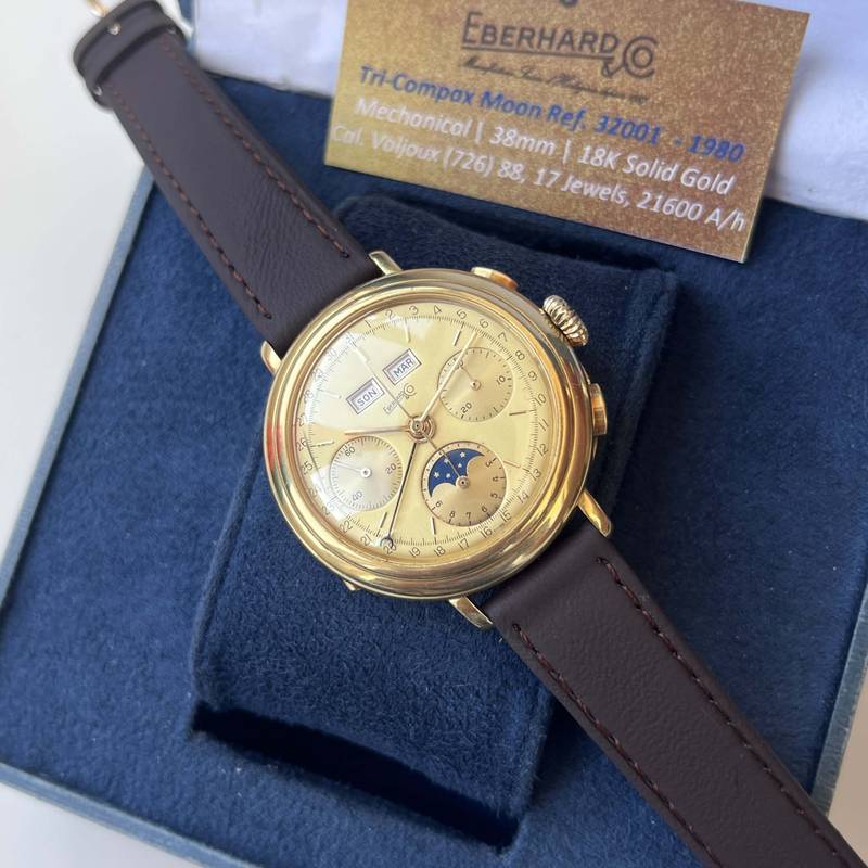 1980 Eberhard 32001 Tricompax Moon Phase Valjoux 88 18K Gold